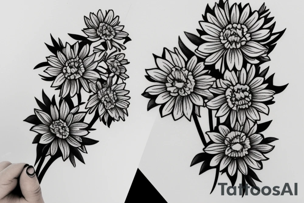 Narcissus and chrysanthemum layered bouquet tattoo idea Narcissus and chrysanthemum layered bouquet tattoo idea