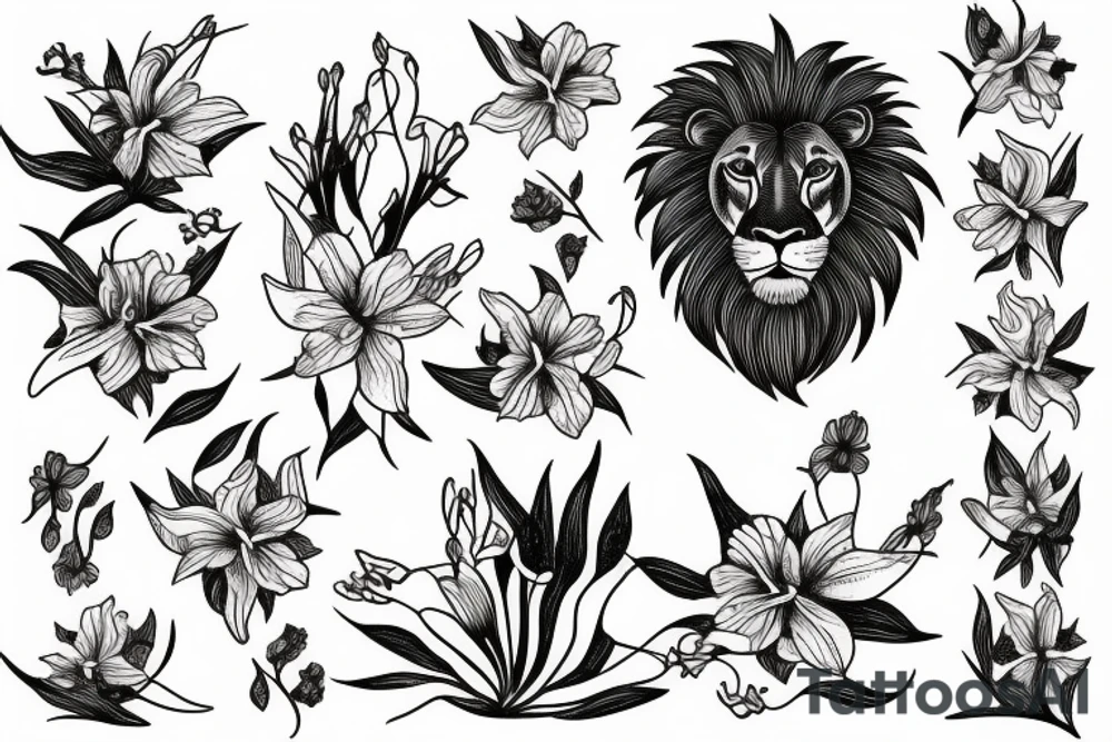 lion with stargazer lilies tattoo idea