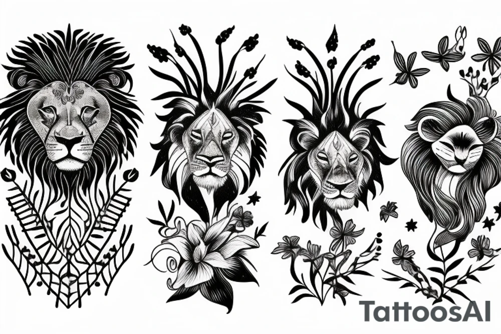 lion with stargazer lilies tattoo idea