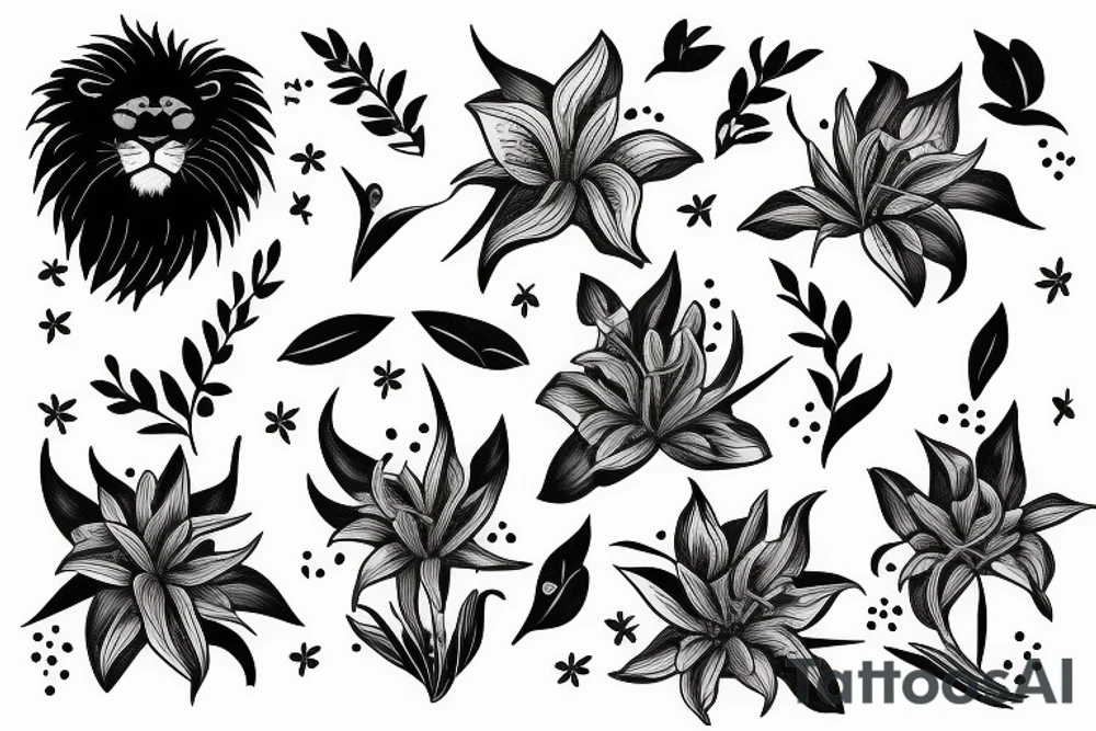 lion with stargazer lilies tattoo idea