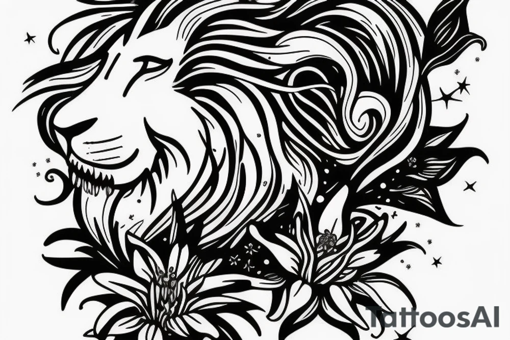 lion with stargazer lilies tattoo idea