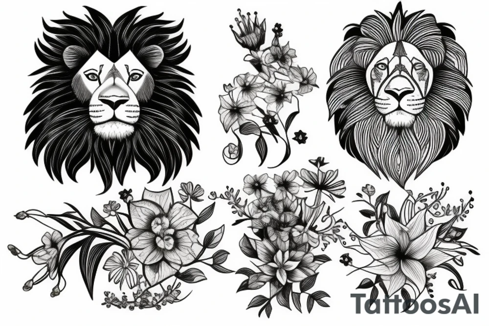 lion with stargazer lilies tattoo idea