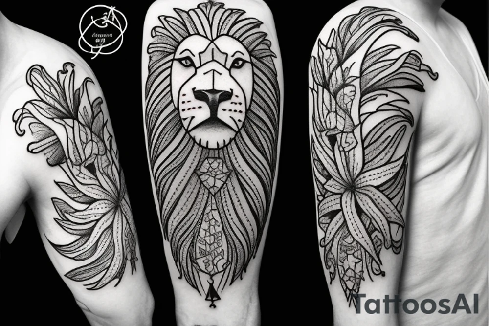 lion with stargazer lilies tattoo idea