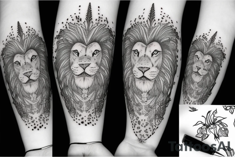 lion with stargazer lilies tattoo idea