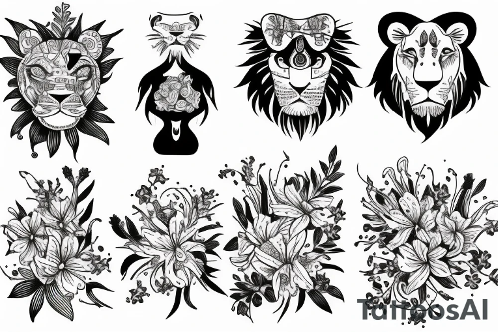 lion with stargazer lilies tattoo idea