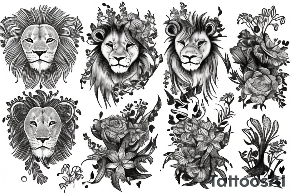 lion with stargazer lilies tattoo idea