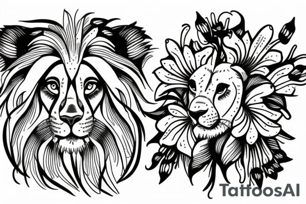 lion with stargazer lilies tattoo idea