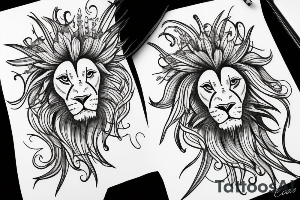 lion with stargazer lilies tattoo idea