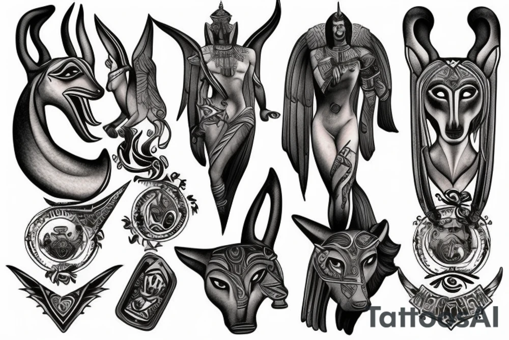 Anubis with Greek symbols tattoo idea