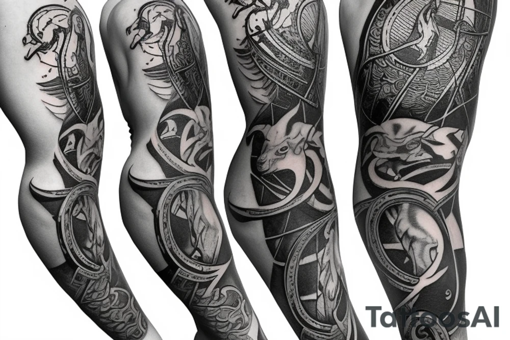 outer calf tattoo consisting of Sagittarius, Capricorn and Aquarius inside the Shankly gates of Liverpool Football Club tattoo idea