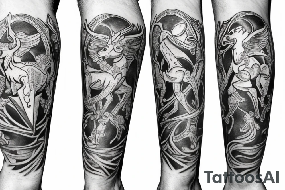 outer calf tattoo consisting of Sagittarius, Capricorn and Aquarius inside the Shankly gates of Liverpool Football Club tattoo idea