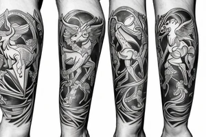 outer calf tattoo consisting of Sagittarius, Capricorn and Aquarius inside the Shankly gates of Liverpool Football Club tattoo idea