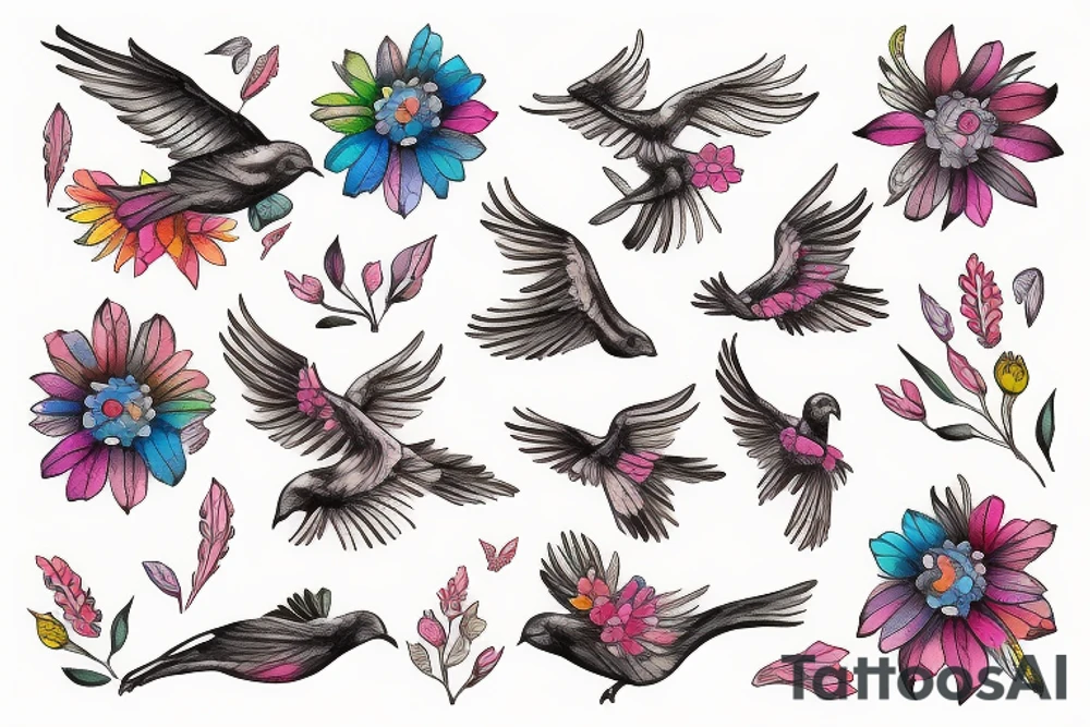 Flying bird holding flowers tattoo idea