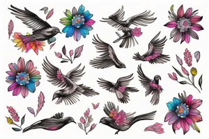 Flying bird holding flowers tattoo idea