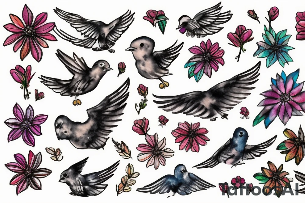 Flying bird holding flowers tattoo idea