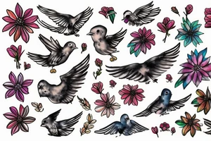 Flying bird holding flowers tattoo idea