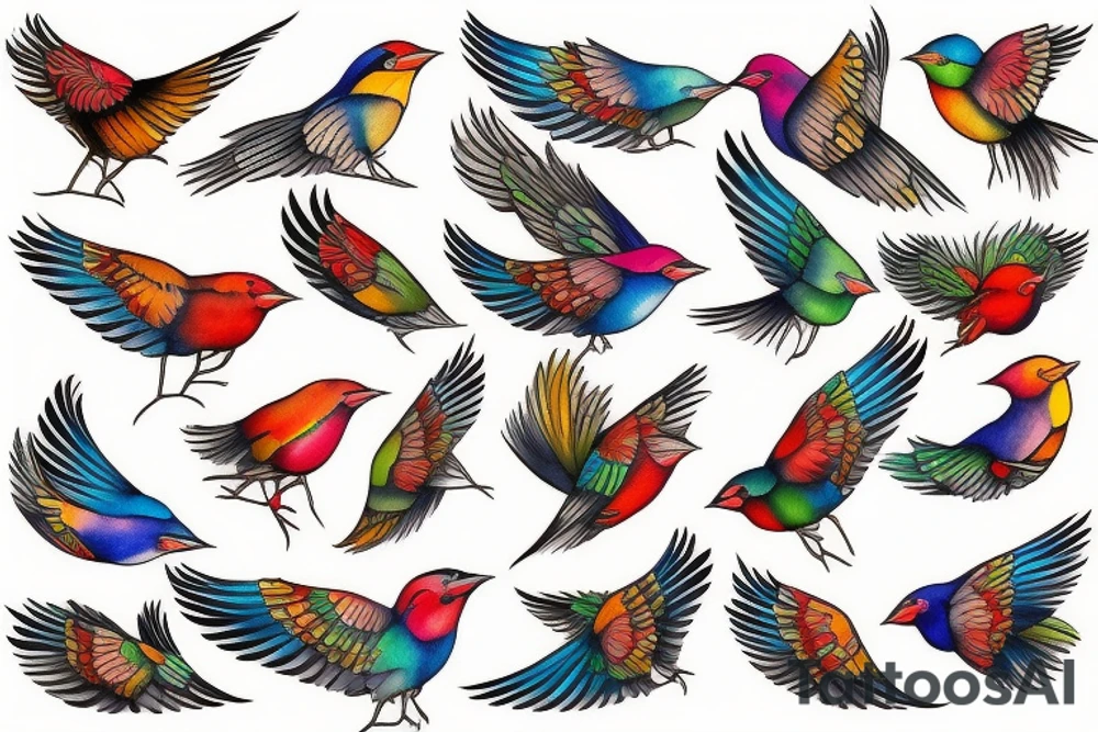 Neotraditional Colorful Flying finch tattoo idea