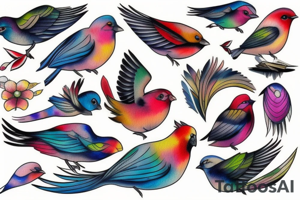 Neotraditional Colorful Flying finch tattoo idea