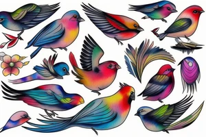 Neotraditional Colorful Flying finch tattoo idea