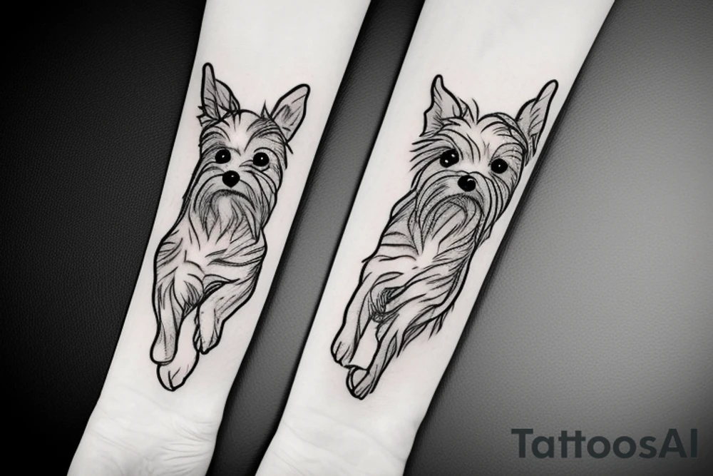 Fine line Yorkie paw to hand tattoo idea