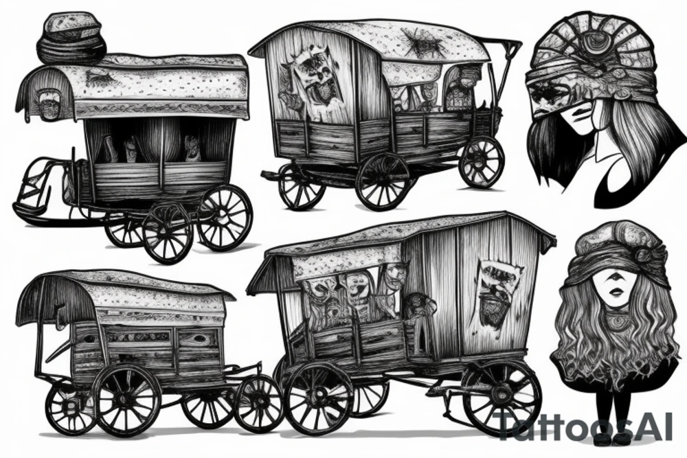 Justita blindfolded, the wagons run as a background tattoo idea