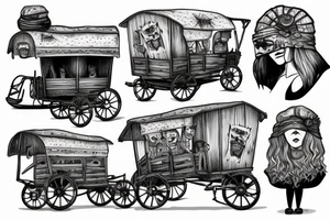 Justita blindfolded, the wagons run as a background tattoo idea
