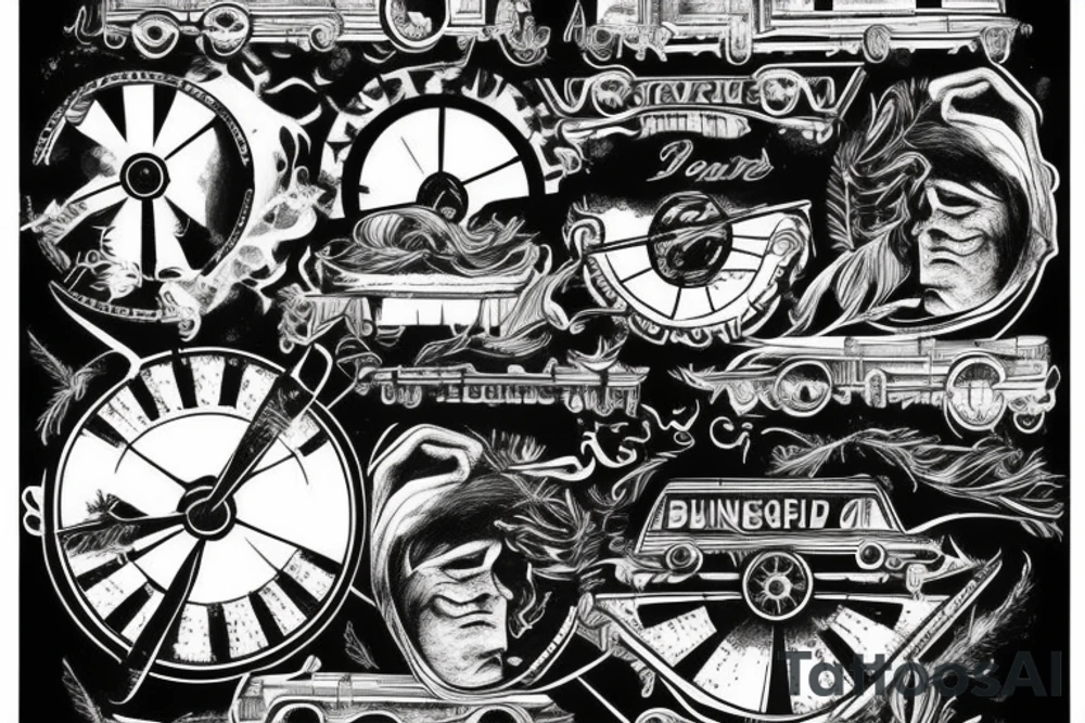 Justita blindfolded, the wagons run as a background tattoo idea
