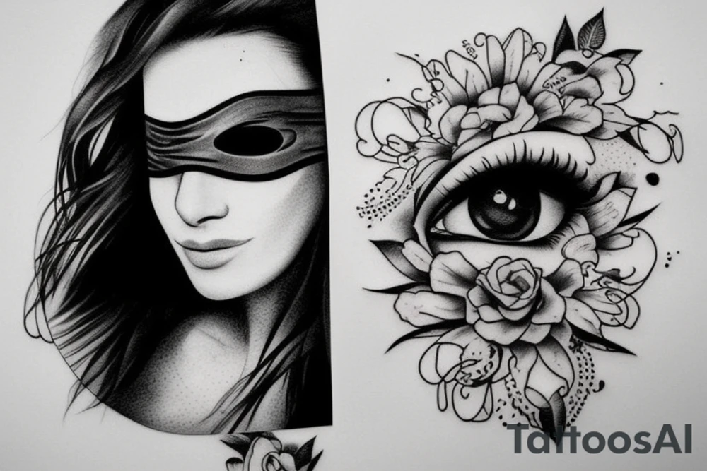 Woman with blindfolded eyes tattoo idea
