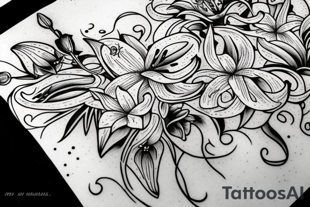 "Vivimus ut moriamur" text 
surrounded by lilies and galaxies tattoo idea