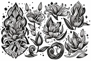 "Vivimus ut moriamur" text 
surrounded by lilies and galaxies tattoo idea