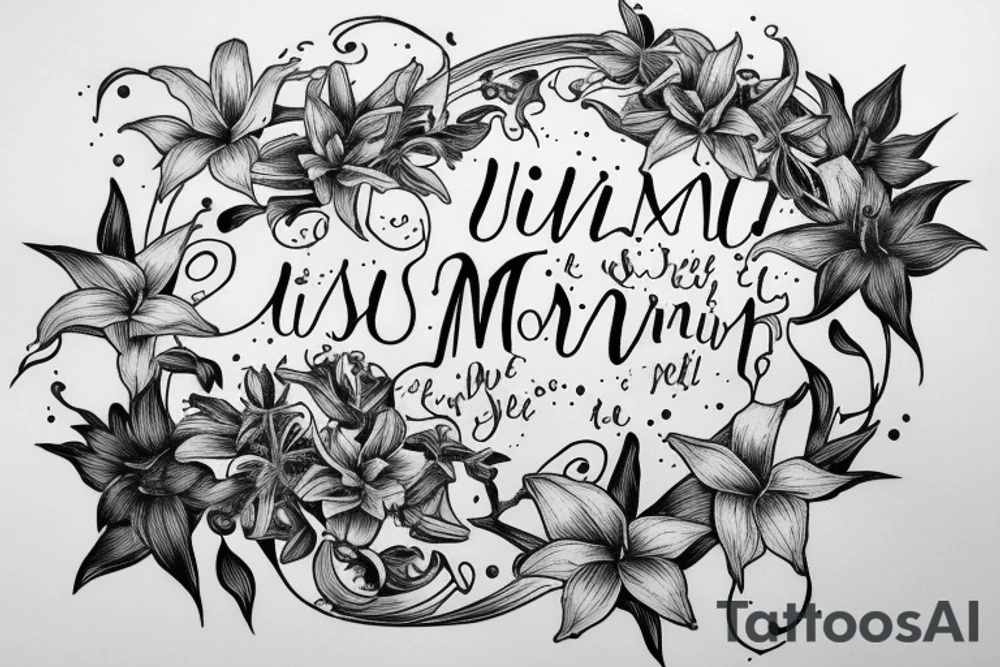 "Vivimus ut moriamur" in roman typography and quoted in text 
surrounded by lilies and galaxies tattoo idea