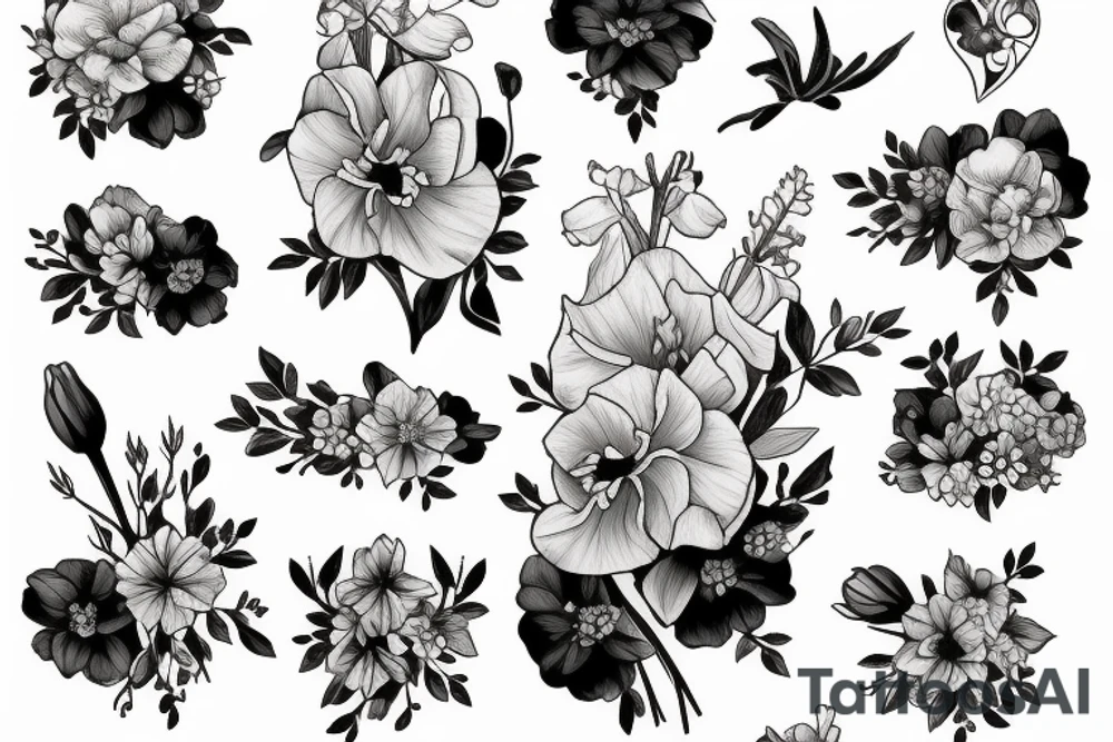 flower bouquet with larkspur violet carnation and narcissus tattoo idea