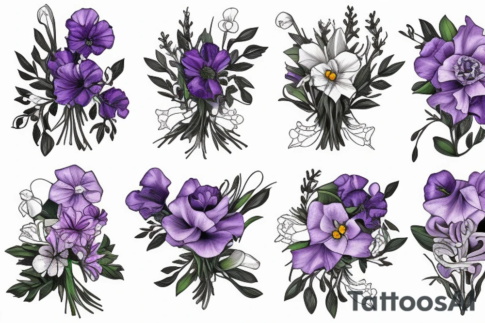 flower bouquet with larkspur violet carnation and narcissus tattoo idea