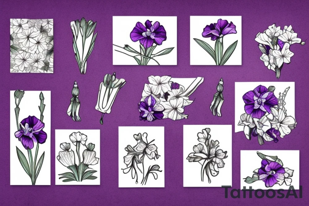 flower bouquet with larkspur violet carnation and narcissus tattoo idea