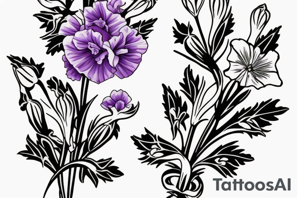 flower bouquet with larkspur violet carnation and narcissus with stems. minimalistic tattoo idea