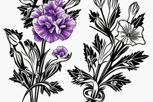 flower bouquet with larkspur violet carnation and narcissus with stems. minimalistic tattoo idea