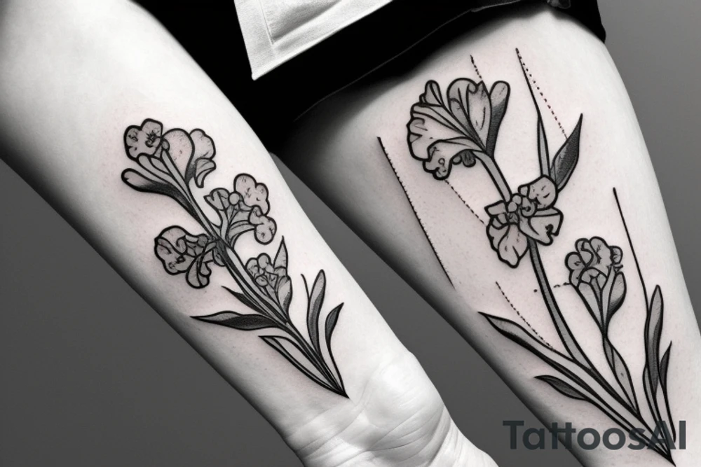 flower bouquet with larkspur violet carnation and narcissus with stems. minimalistic tattoo idea