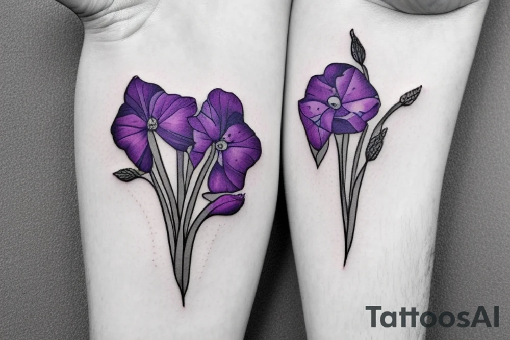 flower bouquet with larkspur violet carnation and narcissus with stems. minimalistic tattoo idea