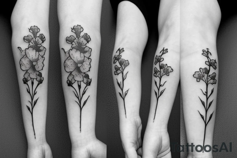 small flower bouquet with larkspur violet carnation and narcissus with stems. minimalistic tattoo idea