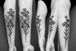 small flower bouquet with larkspur violet carnation and narcissus with stems. minimalistic tattoo idea