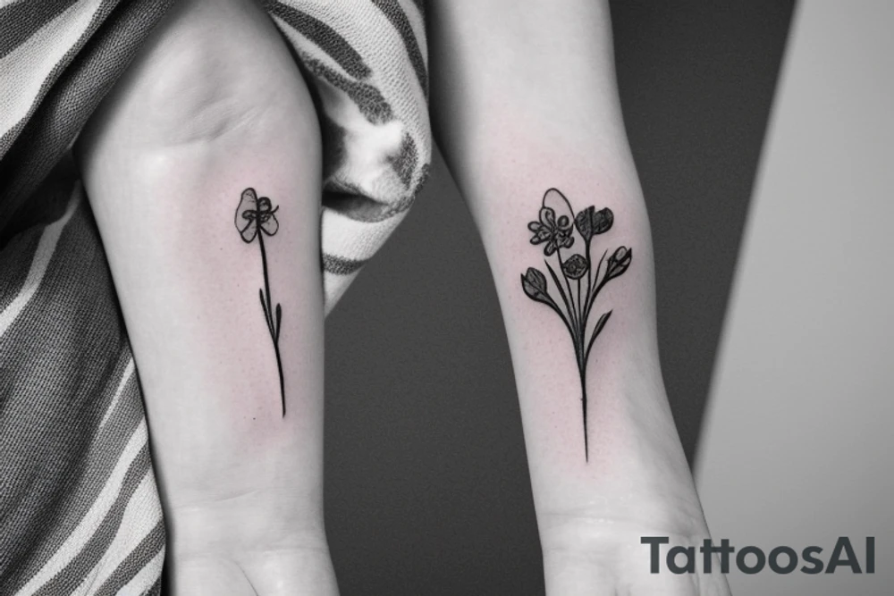 small flower bouquet with larkspur violet carnation and narcissus with stems. minimalistic tattoo idea