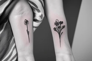 small flower bouquet with larkspur violet carnation and narcissus with stems. minimalistic tattoo idea