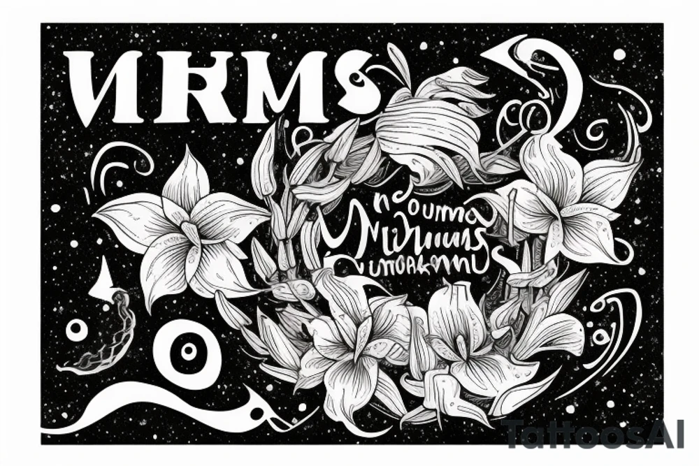 "Vivimus ut moriamur" in roman typography and quoted in text 
surrounded by lilies and galaxies tattoo idea