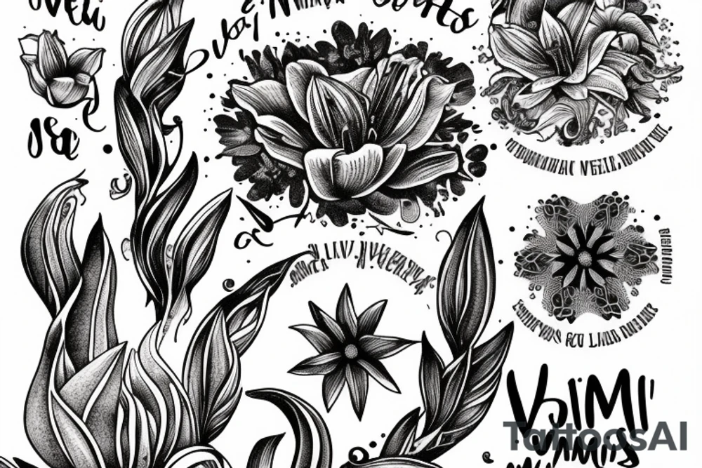 "Vivimus ut moriamur" in roman typography and quoted in text 
surrounded by lilies and galaxies tattoo idea