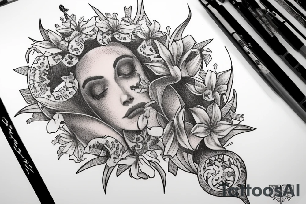 "Vivimus ut moriamur" in roman typography and quoted in text 
surrounded by lilies and galaxies tattoo idea