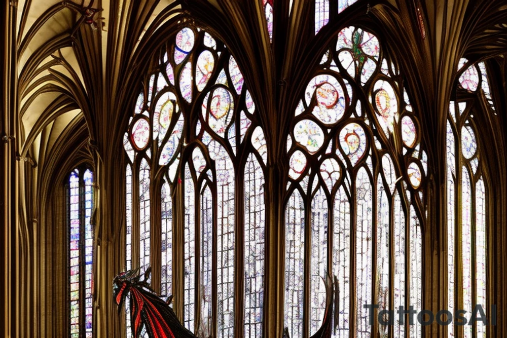 Dragon: A finely detailed dragon, its body and wings sprawling in an elegant dance of strength and beauty.
Pose: The dragon's body spirals around a Gothic cathedral spire, its wings expanding across your chest and wrapping to your back, with the feathers subtly transitioning into the intricate stained glass designs of the cathedral windows. The tail winds down your side, ending with a flourish near your waist.
Details: The cathedral door prominently displays the inscription "Drago" in ornate lettering, standing as a testament to the legacy it protects. tattoo idea