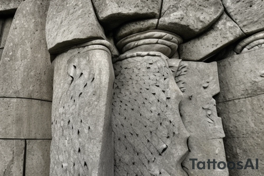 A robust dragon with a powerful, sinuous body and ornate scales.
Pose: Perched atop the famous Stonehenge pillars, its wings stretch out, wrapping around your chest and back. The dragon's neck arches proudly, while its tail winds down, weaving between the stone pillars.
Details: One of the central stones, smoothed by time, has "Drago" etched deeply, as if written by the ancients themselves. tattoo idea
