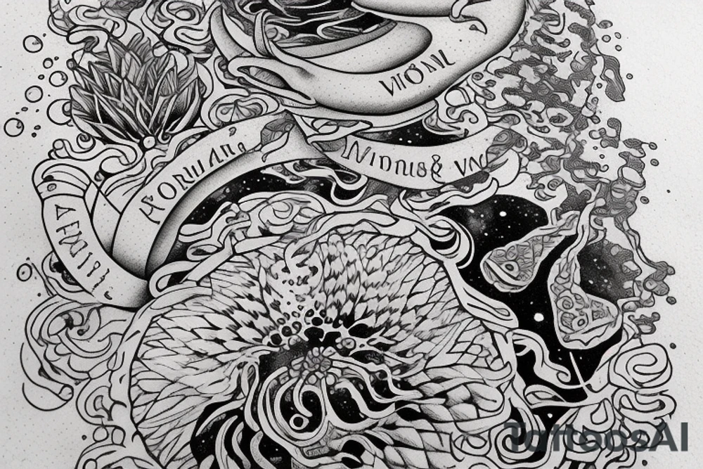 "Vivimus ut moriamur" in roman typography and quoted in text 
surrounded by water lilies and galaxies tattoo idea