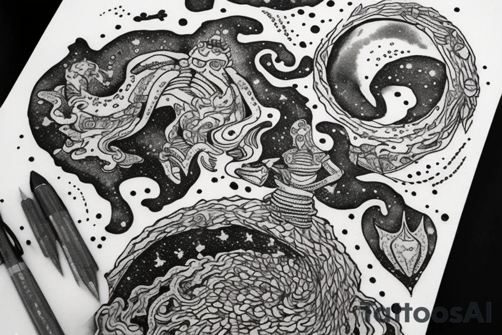 "Vivimus ut moriamur" in roman typography and quoted in text 
surrounded by water lilies and galaxies tattoo idea