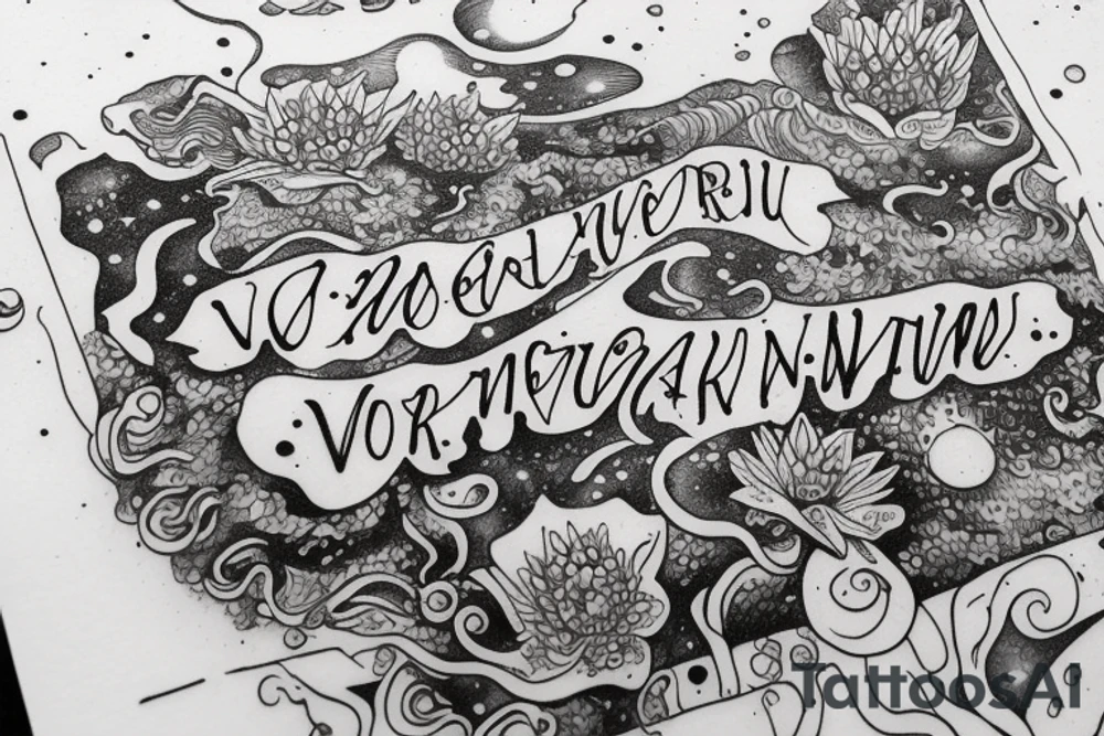 "Vivimus ut moriamur" in roman typography and quoted in text 
surrounded by water lilies and galaxies tattoo idea